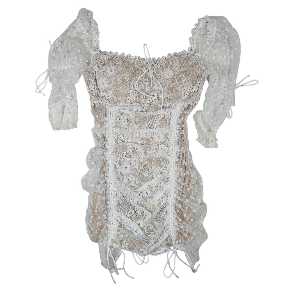 Identity White‎ Floral Lace Mini Dress Square Neck Puff Sleeve Bodycon Size L